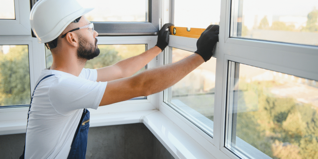 worker installing plastic window indoors