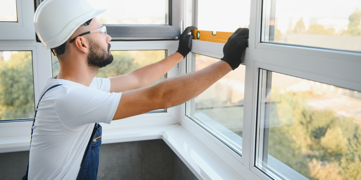 worker installing plastic window indoors