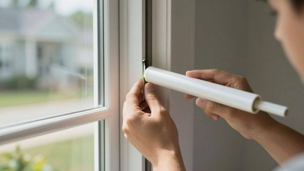 Window installer applying weatherstripping to a new window.