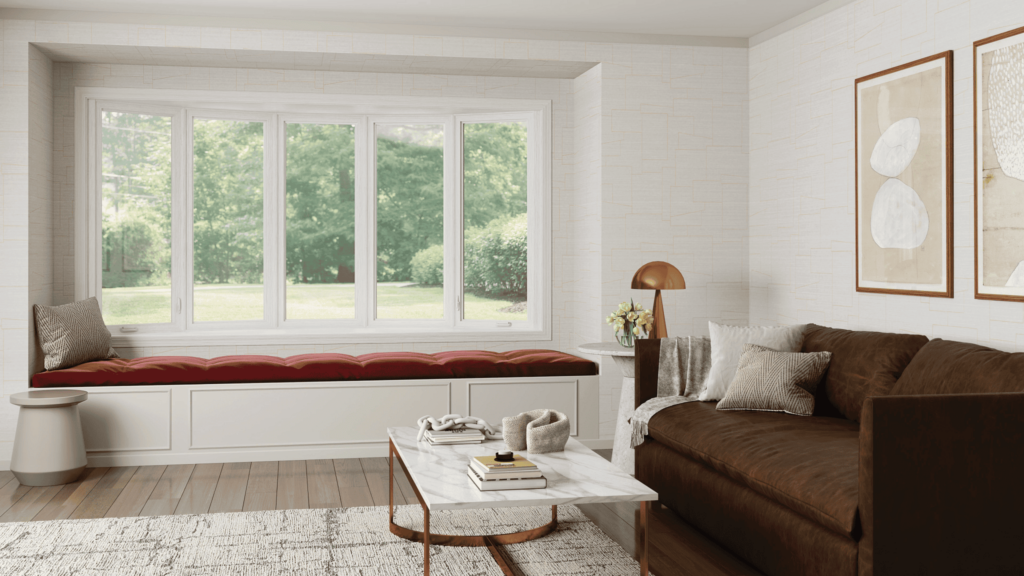 Living room with bay window seat featuring replacement windows installed by Wallaby Windows in Chapel Hill NC
