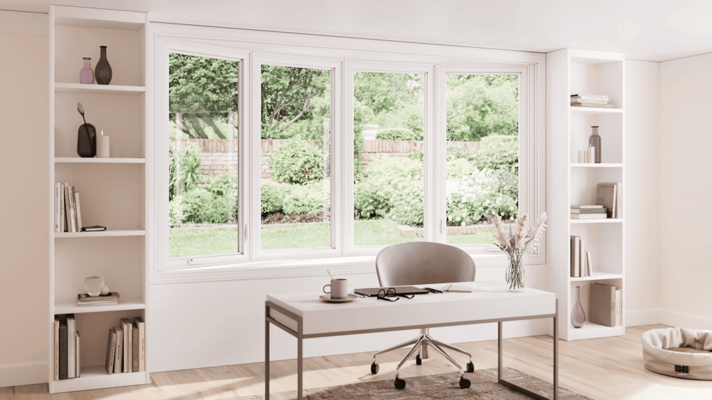 Home office with wide bay replacement windows by Wallaby Windows in Durham NC