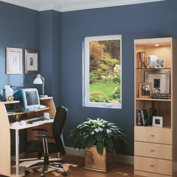 Home office with modern casement replacement window installed by Wallaby Windows in Durham NC