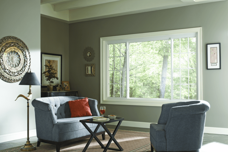 Living room featuring modern slider window replacement by Wallaby Windows in Chapel Hill NC