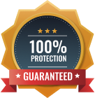 Gold badge with ribbon stating 100% protection guaranteed